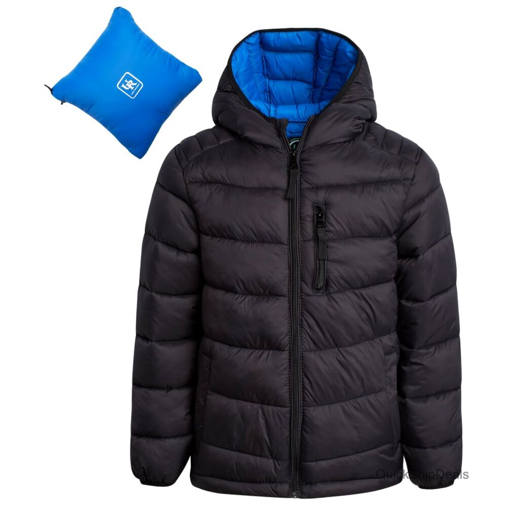 Boys Insulated Puffer Jacket Hooded Packable Winter Coat Size 4-20